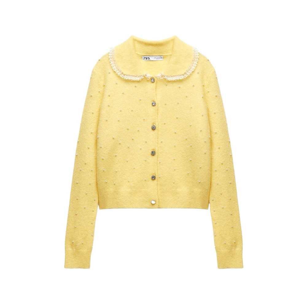 Zara, butter yellow cardigan, pearls, medium